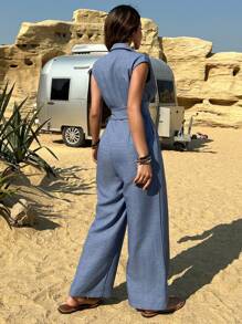 Livesso Semesteraffärsmässig avslappnad V-ringad jumpsuit för kvinnor med vriden, midjeböjd design, raka benjumpbyxor för kvinnor - Blå - Visa 2