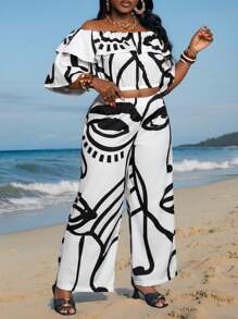 Slaydiva 2pcs Set: Plus Size Women Abstract Figure Print Off Shoulder Ruffle Hem Blouse & Wide-Leg Pants Casual Suit