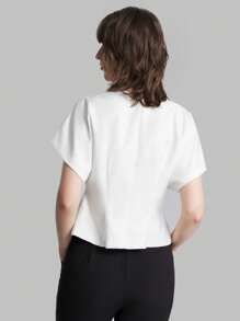 Ontre Women's Clothing New 2025 Spring Exclusive White V-Neck Solid Single-Button Casual Metal Buckle Color Block Short Sleeve Blouse, Elegant Ladies Apparel