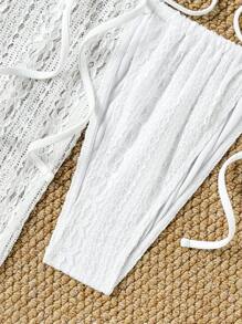 SHEIN Swim 3pcs Spring Break White Lace Triangle Halter Sexy Summer Beach Vacation Bikini Set Swimwear & Skirt, For Women