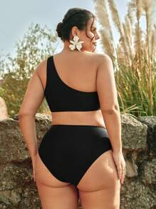 Swim Chiccia 2 件大码女式纯色露背雪纺荷叶边上衣和高腰褶皱三角裤比基尼套装，适合夏季海滩度假 - 黑與白 - 查看 2