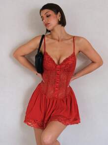 SHEIN BAE 女士春夏度假沙滩装优雅浪漫迷人性感红色蕾丝拼接鱼骨装饰束腰生日派对礼服迷你连衣裙，女士演唱会服装，春假礼服，狂欢节服装 - 紅色 - 查看 5