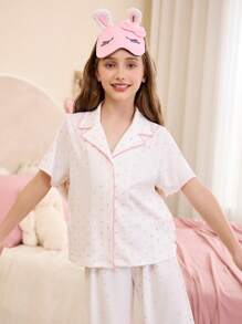 Tween Girls Minimalist Heart Pattern Lapel Button-Front Short Sleeve Top And Loose Comfy Pants 2 Pieces Pajama Set - Baby Pink - View 4
