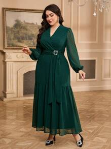 Modelyn 大码纯色长袖休闲连衣裙，简约时尚，适合日常穿着 - 墨綠色 - 查看 3