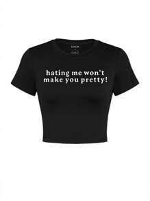 Women's Casual Slogan Graphic Cropped Fitted T-Shirt - Black - View 3