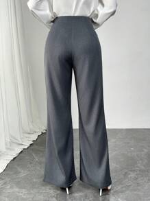 Modelyn 女士深灰色纹理时尚开叉腰褶皱休闲通勤高腰阔腿裤 - 深灰色 - 查看 2