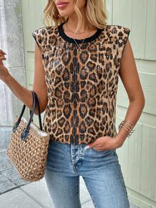SHEIN LUNE Vintage Leopard Print Sequined Oversized Loose Round Neck T-Shirt For Women, Elegant For Casual, Holiday - Multicolor - View 1