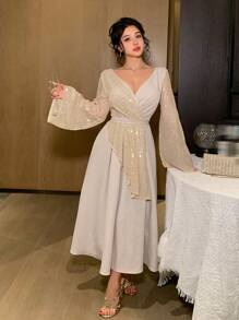 DAZY 女士撞色喇叭袖串珠金属元素连衣裙，情人节礼物，秋季长袖连衣裙，奢华舞会礼服，亮片嘉年华闪亮连衣裙，长款连衣裙 - 杏色 - 查看 6