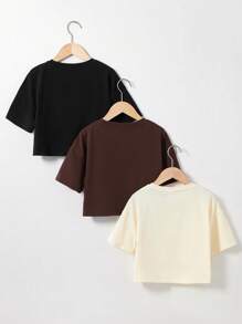 SHEIN EZwear 3 件装休闲纯色校园风椰子树印花圆领短款宽松女式短袖 T 恤，适合夏季 - 彩色 - 查看 2