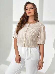 Auralis Áo thun vải có họa tiết cổ tròn có kích thước lớn dành cho nữ có tay phồng - Màu be - Xem 6