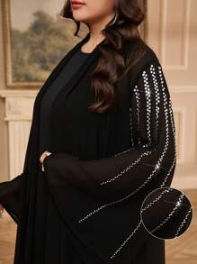 Al Najma Plus Size Women's Elegant Rhinestone Embellished Flare Sleeve Arabic Abaya Robe,Modest