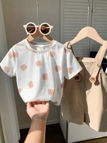 SHEIN 2 件套男婴/女婴可爱熊图案宽松圆领针织上衣 T 恤和短裤套装，休闲装，适合春夏季 - 卡其色 - 查看 8