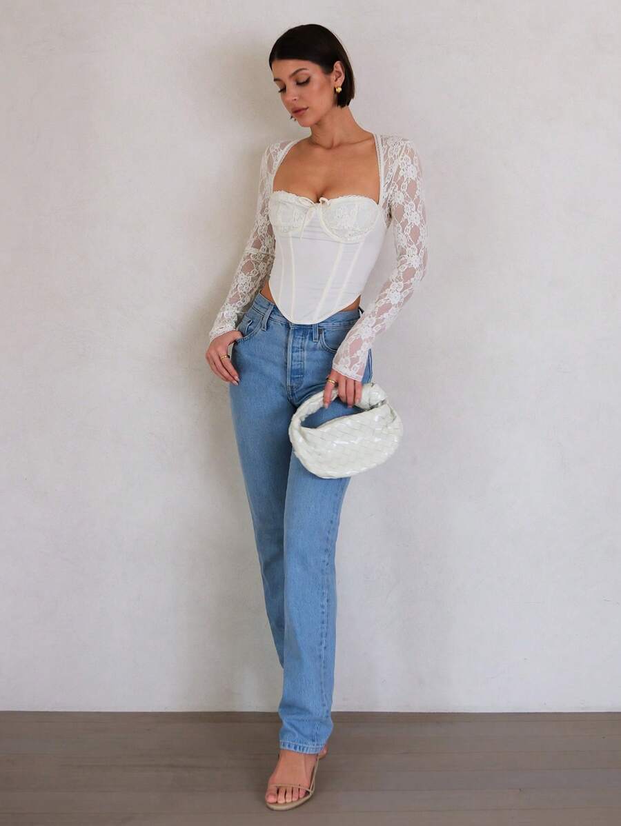 SHEIN BAE 女装春夏浪漫优雅杏色蕾丝拼接人字形束身衣外出上衣，夏季女装，演唱会女装，狂欢节