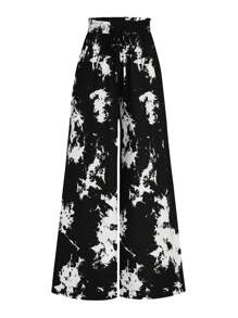 SHEIN LUNE Plus Size Fashionable Tie-Dye Print Wide Leg Pants - Black and White - View 1