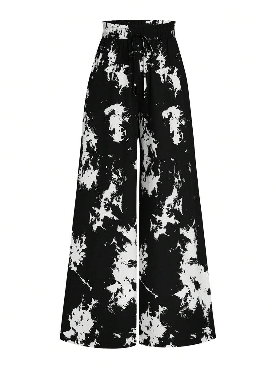 SHEIN LUNE Plus Size Fashionable Tie-Dye Print Wide Leg Pants - Black and White - View 1