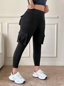 SHEIN EZwear Plus Size Solid Color Minimalist Pocket Leggings, Casual For Daily Wear,Spring Summer Clothes - Black - View 4