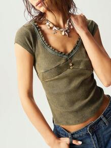 Bohemela BOHO Casual Solid Color V-Neck Short Sleeve Fitted Women T-Shirt - Army Green - View 6