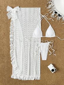 SHEIN Swim 3pcs Spring Break White Lace Triangle Halter Sexy Summer Beach Vacation Bikini Set Swimwear & Skirt, For Women