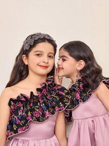 SHEIN Young Girls Asymmetrical One Shoulder Jacquard Patchwork Ruffle Hem A-Line Dress ,Spring/Summer Ramandan Style Matching Family Vacation , A-Line Dress,Cake Dress,Gorgeous Princess, Formal Attire,Sibling Outfits,Party Wear ,Birthdays Sisters Outfit - Multicolor - View 6