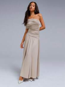 Athîral 女士露背垂坠褶饰派对装 - 卡其色 - 查看 3