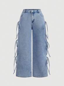 SHEIN MOD 加大码女式宽松直筒牛仔裤，系带设计，蓝色夏季、度假女士、复活节、春季、西部风、女性办公室、狂欢派对、迎婴派对、乡村风、乡村女性、老派金钱风格女性、外出、节日、牛仔竞技、机场 - 藍色 - 查看 5