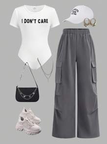 Girlism Tween 女童两件套/街头/秋/冬/白色圆领长袖百搭休闲日常口号印花紧身裤和灰色工装裤/返校 - 灰色 - 查看 1