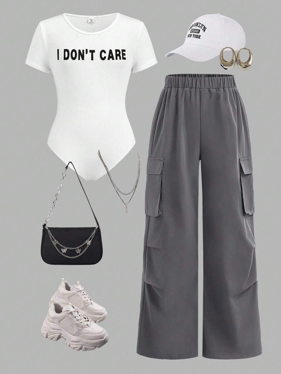 Girlism Tween 女童两件套/街头/秋/冬/白色圆领长袖百搭休闲日常口号印花紧身裤和灰色工装裤/返校 - 灰色 - 查看 1