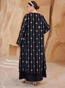 Al Najma Plus Size Long Sleeve Embroidered Mesh Double Layer Abaya Dress - Black - View 2