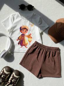 SHEIN 2 Peças/Conjunto Bebê Menino Estampa de Desenho Animado Malha Macia Gola Redonda Manga Curta Top e Conjunto de Shorts Cintura Elástica de Cor Sólida - Multicolorido - Visão 5