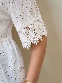 SHEIN Clasi Plus Size Women's Holiday Floral Embroidered Lace Cuffs And Collar V-Neck Short Sleeve Romantic Shirt,Concert Women,Funny Shirts,Raves,Country Concert,Beach,Bohemian,Boho Women Clothing,Vacations Woman,Embroidered Top