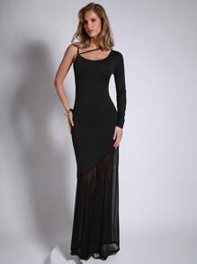 COSMINA Vestido casual de unicolor extra largo para mujer, de manga larga, de estilo minimalista para el uso diario - Negro - Ver 4