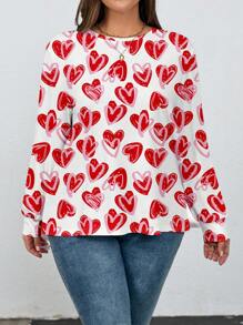 SHEIN LUNE Plus Size Women's Casual All Over Printed Pattern Loose Fit Round Neck Long Sleeve T-Shirt, Suitable For Valentine's Day