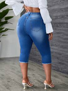SHEIN SXY Plus Size Women Elastic Personalized Asymmetric Waist Sexy Ripped Capri Jeans
