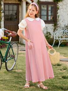 SHEIN Conjunto formal de 2 piezas: Camisa blanca con cuello Peter Pan y mangas abullonadas + Vestido maxi rosa con textura y bolsillo para niñas, primavera/verano - Multicolor - Ver 4