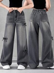 Teen Girl Fashionable Bow Decor Washed Straight Wide Leg Jeans - Dark Grey - View 1