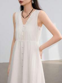Dazy-Less Casual Business Waisted A-Line Button Decor V-Neck Solid Color Midi Dress For Women Old Money Style Sundress Linen - White - View 6