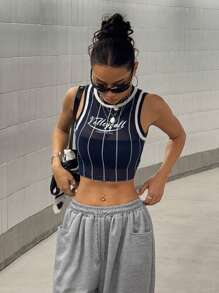 StreetHx Straßenmode Damen Sommer Sportswear eng anliegendes bedrucktes Trägerhemd - Blau - Übersicht 3