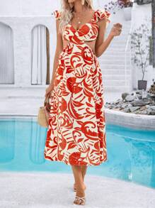 Breezaya Women's Red Floral Print Cutout Ruffle Dress: Summer Vacation Dinner Or Beach Dress - Red - View 3