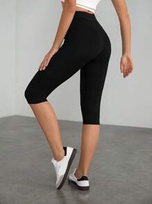 SHEIN Tall 女士针织休闲简约黑色高腰紧身七分打底裤 - 黑色 - 查看 2