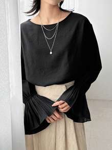 FRIFUL Women's Loose Fit Black Shirt, Round Collar, Flare Sleeves, Elegant Style Long Sleeve Blouse, Spring,Ruffle