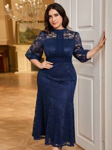 Modelyn 大码女式蕾丝拼接鱼尾下摆优雅连衣裙 - 藏蓝色 - 查看 5