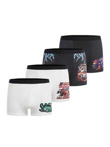4pcs/Pack Tween Boy Car Printed Boxer Briefs - Multicolor - View 1