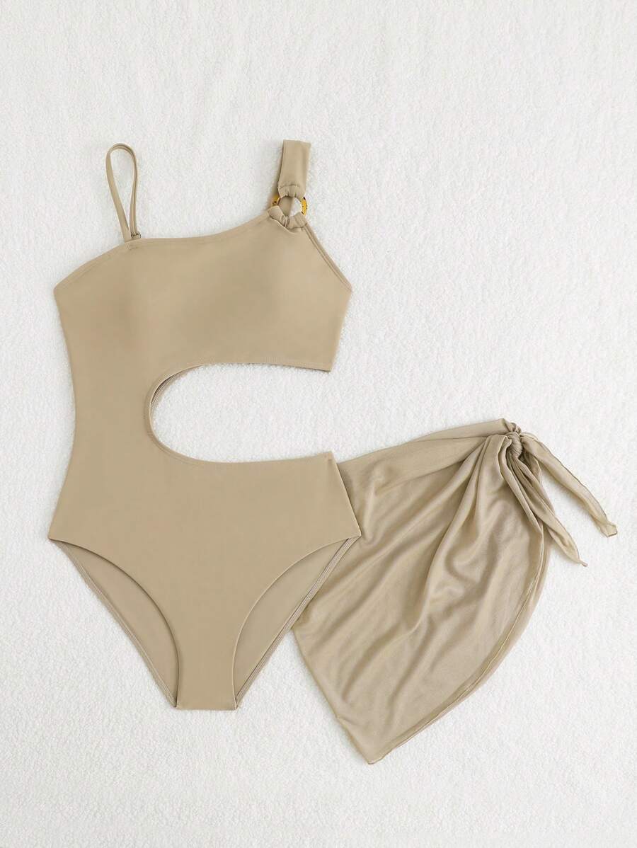 SHEIN Teen Girl Hollow-Out One-Piece Swimsuit (With Beach Skirt) - Apricot - View 1