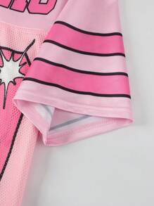 ROMWE MEN Prep Men's Jersey Shiny Fabric Mesh Insert Sports Short Sleeve Top & Shorts, Baseball Suit, Sports Uniform - Pink - View 5