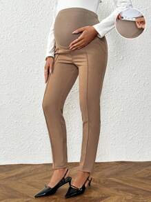 SHEIN Adjustable Waist Solid Color Maternity Pants, Women's Black Formal Trousers, Casual Pants - Khaki - View 1