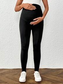 SHEIN Solid Color High Waisted Casual Maternity Leggings - Black - View 5