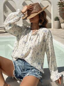 DAZY 度假风植物印花全身碎花喇叭袖圆领长袖女式衬衫 Y2k，秋季女装度假套装 - 米色 - 查看 6