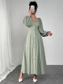 Modelyn 女士优雅法式灯笼袖收腰连衣裙 - 綠色 - 查看 3