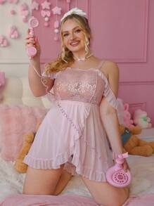 PetitDoll 2 件大码性感蕾丝和网眼拼接无线内衣套装 - 粉色 - 查看 5
