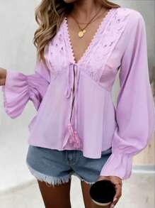 INAWLY 女式秋季撞色蕾丝前系带灯笼袖优雅衬衫荷叶边上衣